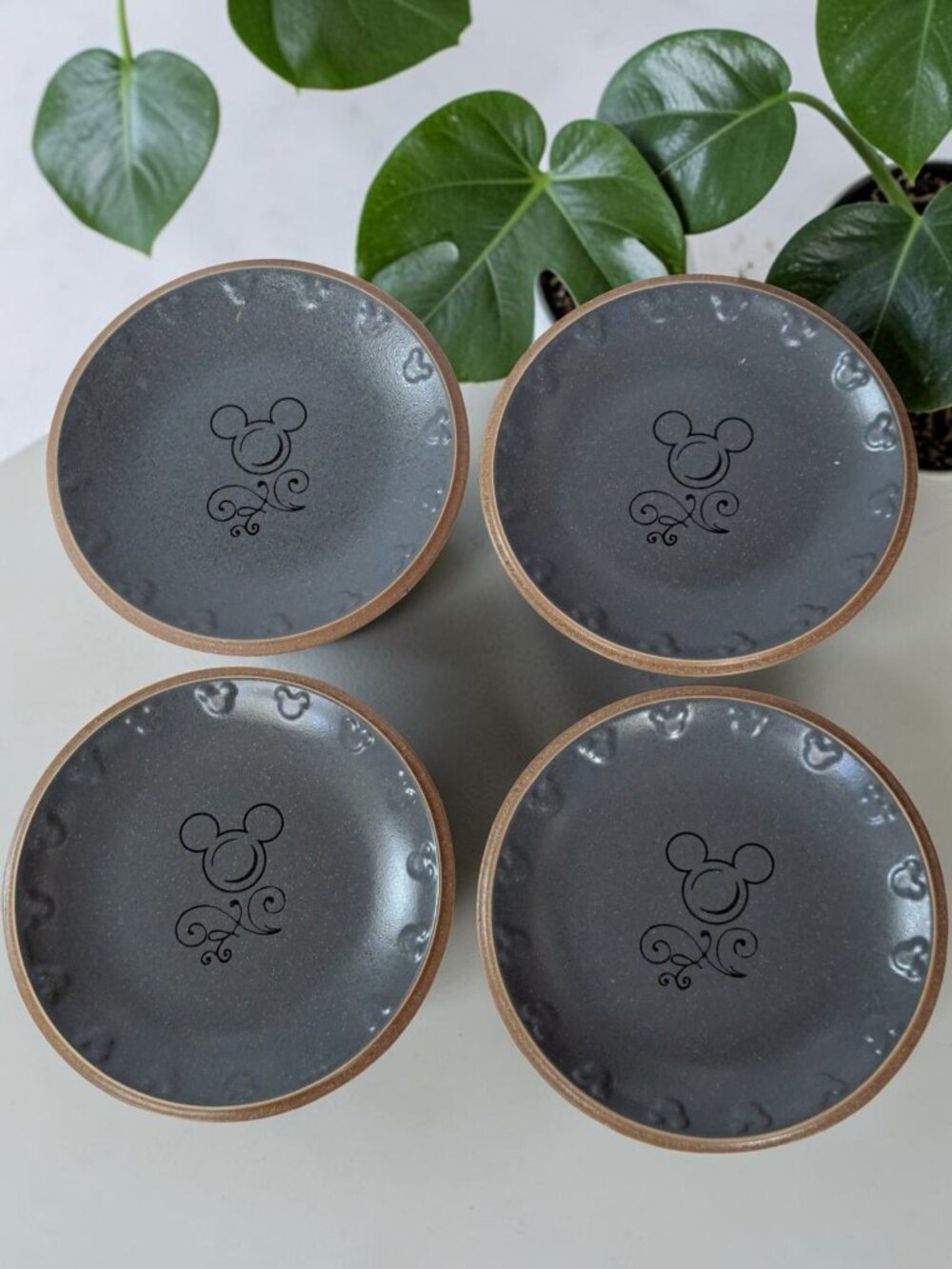 DISNEY PARKS SILHOUETTE LOGO ICON GRAY 8" PLATES - SET OF FOUR MICKEY MOUSE
